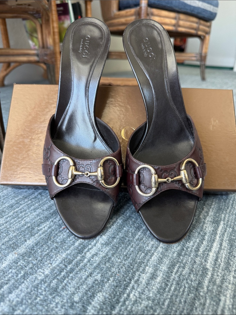 Gucci Brown Leather Horsebit Mule Sandals with Gold Hardware
